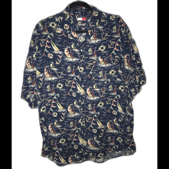 Tommy‎ Hilfiger '90s Button Up Shirt Blue Medium Men's Sailing Nautical Hawaiian - Picture 1 of 9
